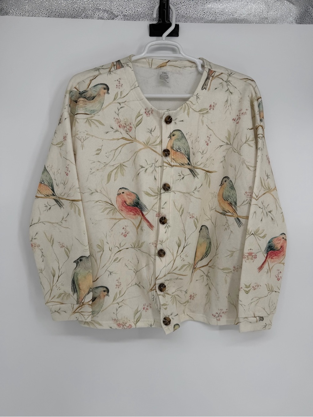 Bird Print Button-Up Cardigan Style Fleece in Cream With Pastel Accents